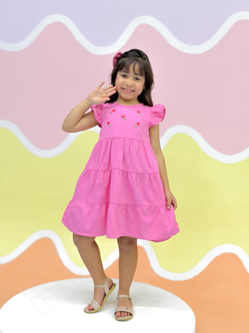 VESTIDO BRIM BORDADO ROSA (REF. V03)